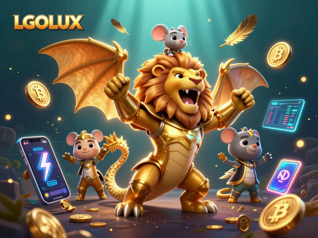 LGOLUX enhances the gambling experience with a dynamic 3D scene of triumphant creatures amidst cryptocurrencies.