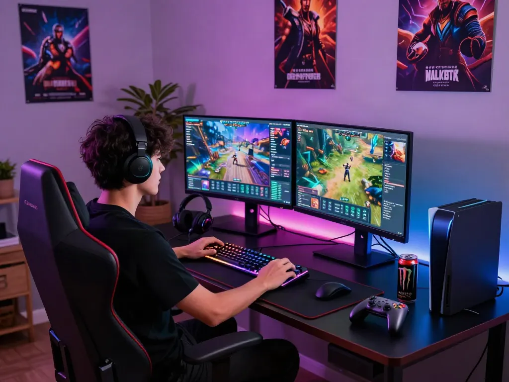 Ruang gaming modern dengan gamer menggunakan diana4d di monitor ganda.