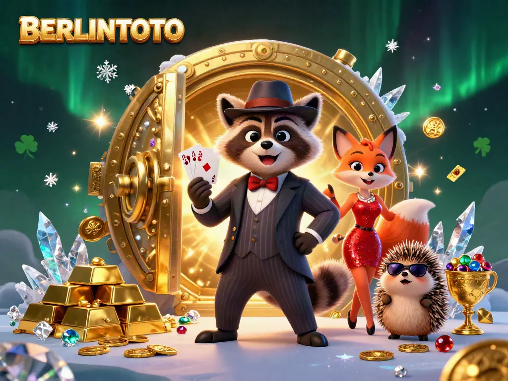 Experience the vibrant world of BERLINTOTO with a raccoon, fox, and hedgehog in a dynamic casino illustration.