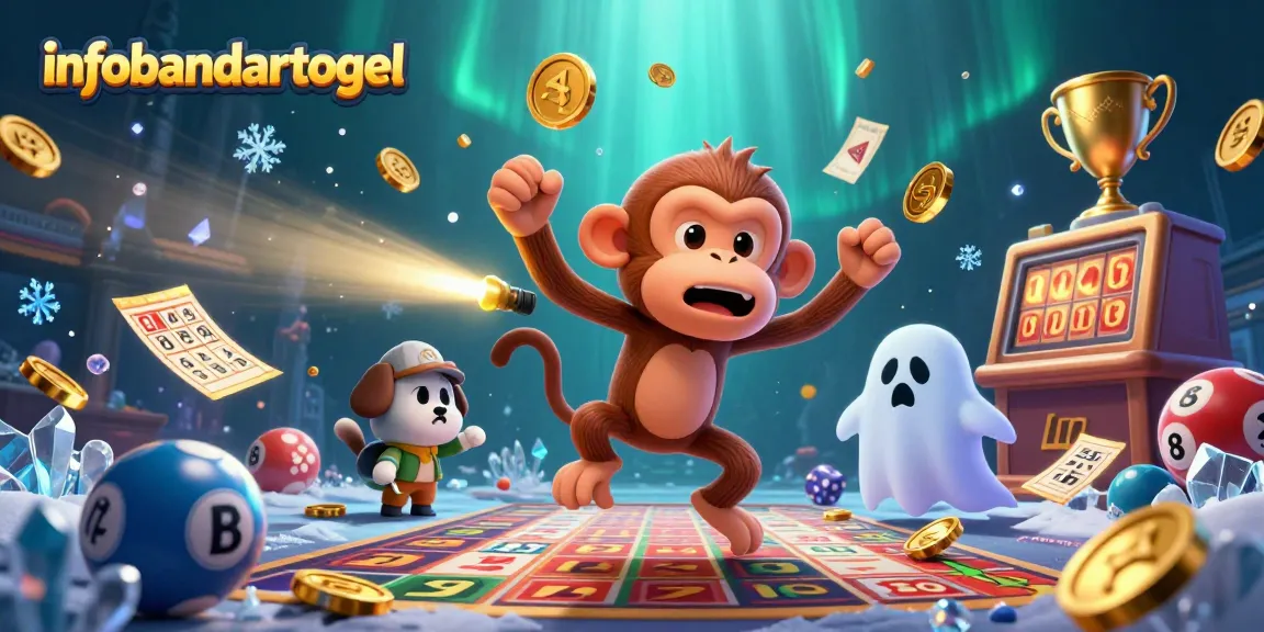 Engage with infobandartogel's dynamic lottery scene featuring a playful monkey and a puppy in a haunted casino.