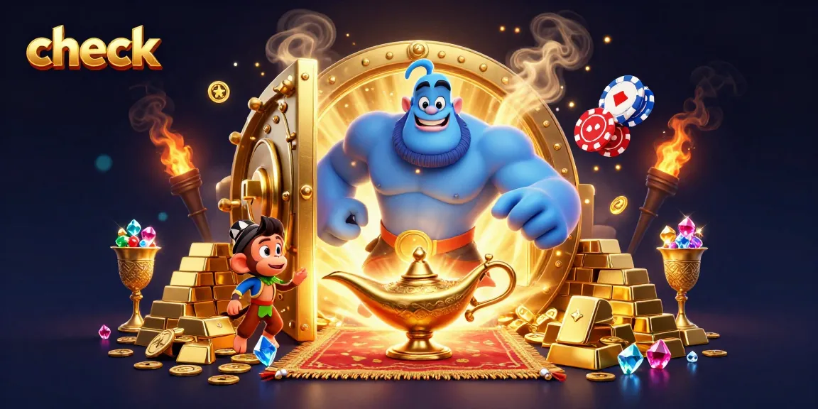 Check your luck with a magical genie, poker chips, and treasure in this vibrant casino scene.