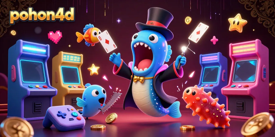 Pohon4D's enchanting casino scene showcases a whimsical eel magician and companions amid vibrant 3D gaming elements.