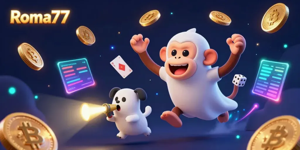 Experience the thrill of Roma77 with a playful monkey juggling coins in a haunted casino.