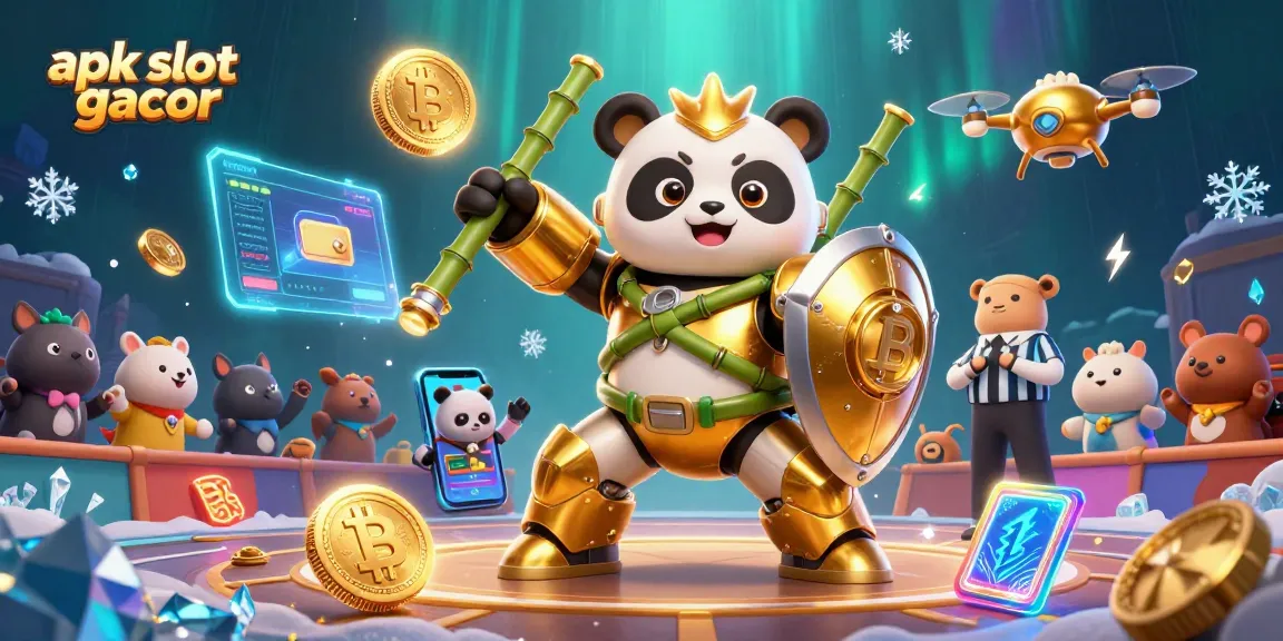 Win big with apk slot gacor as 3D panda pilots a robot in a vibrant casino scene.