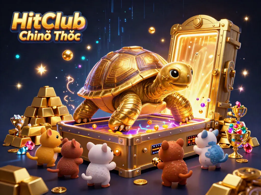 Engage in gaming excitement with HitClub Chính Thức, featuring a golden tortoise pinball machine and treasure elements.