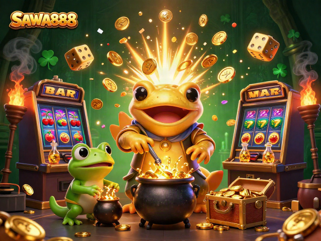 Experience winning at SAWA888 with a golden alchemist and lively casino elements.