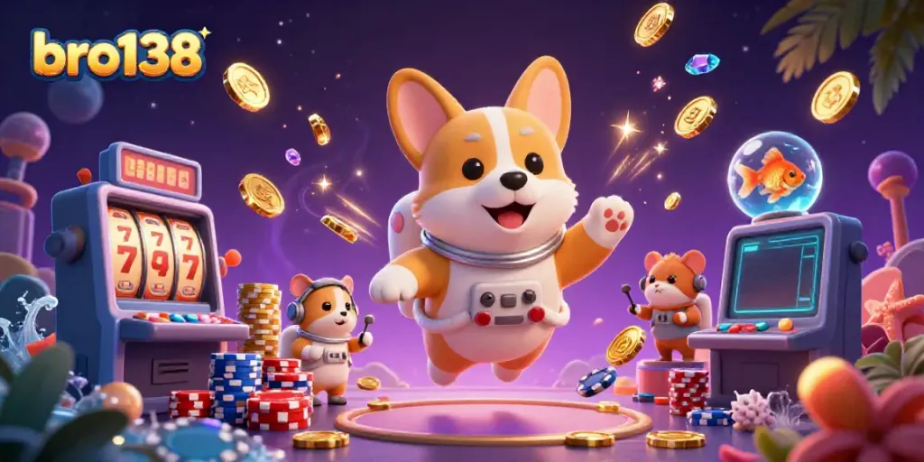 Experience thrilling wins with bro138 as a floating astronaut corgi spins the slot reels in zero gravity.