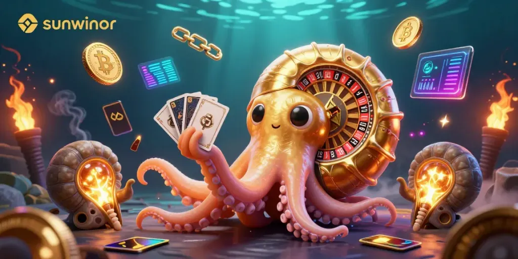 Engage with sunwinor's vibrant casino scene featuring a golden spiral roulette wheel nautilus and glowing coins.