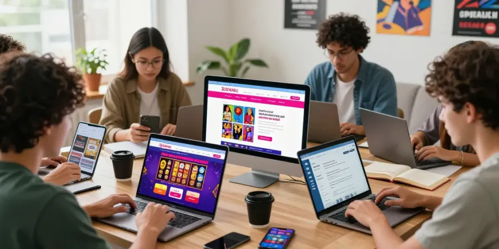 Pengguna aktif menjelajahi situs pecah25 slot dengan laptop dan perangkat seluler, mengekspresikan antusiasme dalam berbelanja online.