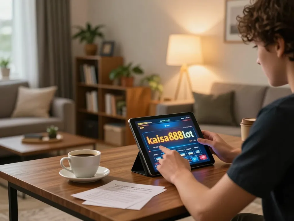 Kaisar888slot gameplay on a tablet in an inviting home gaming setup, showcasing strategic betting notes.