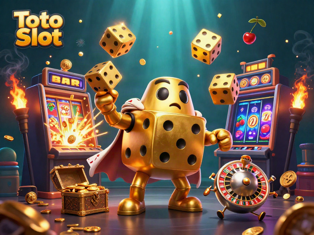 Melihat Toto Slot yang menampilkan dadu emas besar dan mesin slot dengan jackpot meledak.