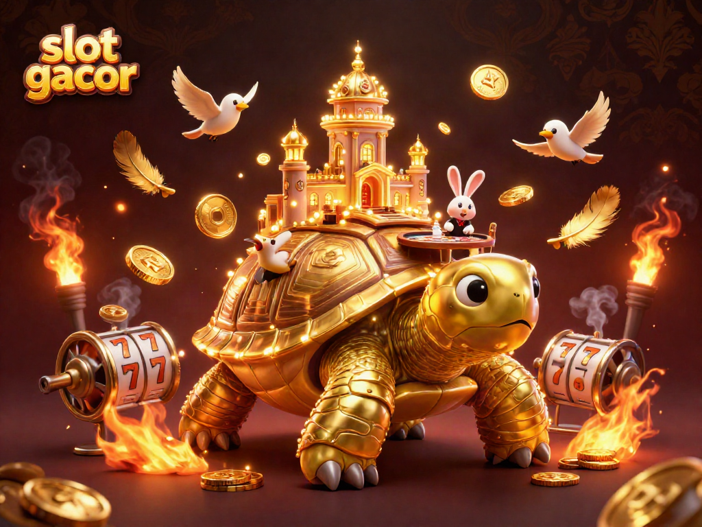Slot gacor menampilkan karakter unik di kasino dengan simbol keberuntungan dan koin emas yang berterbangan.