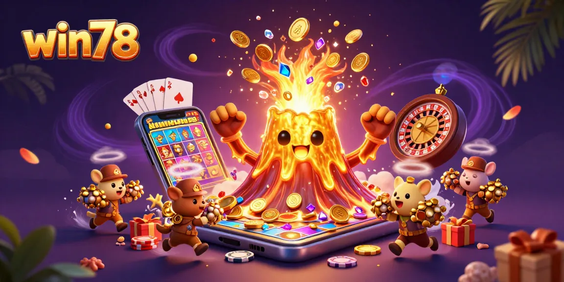 Spin to win78 with thrilling treasures from the erupting golden volcano and vibrant casino elements.
