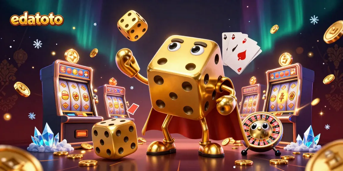 Play and win at edatoto with vibrant casino elements and characters in a dynamic illustration.