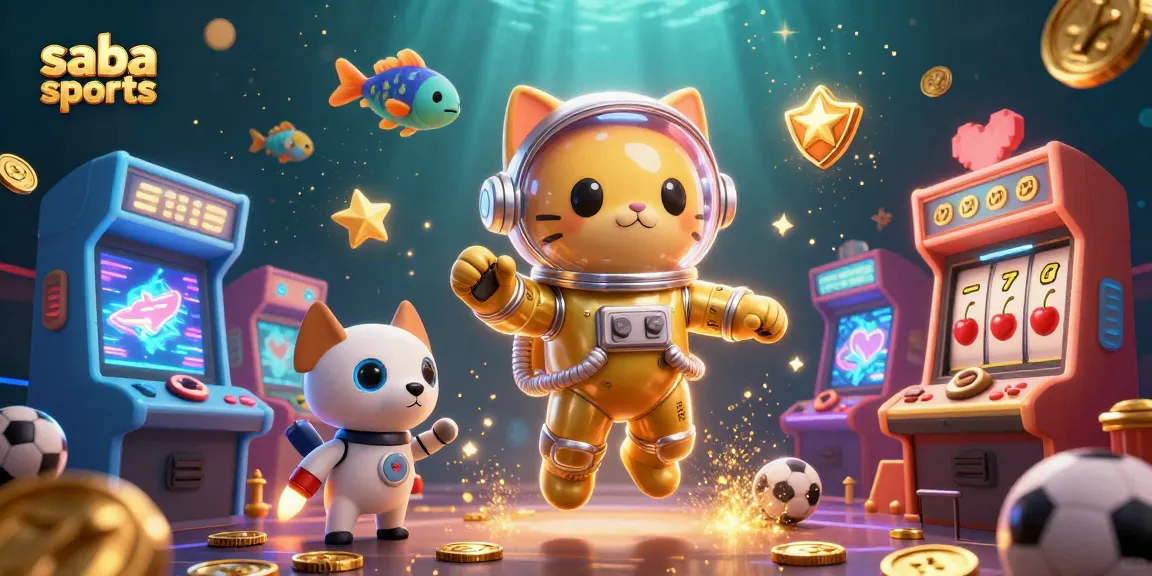 Saba Sports and a 3D cartoon astronaut cat play casino games surrounded by vivid arcade elements.