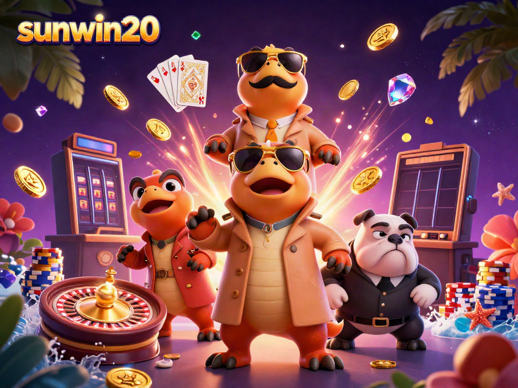 Engage with sunwin20 in a vibrant casino scene filled with raptors, sparkling gems, and dynamic game elements.