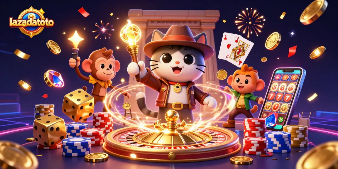 Experience the excitement of lazadatoto with a vibrant 3D casino adventure showcasing a treasure-hunting cat and interactive elements