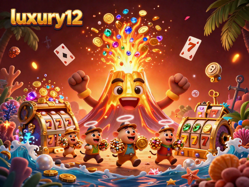 Experience the excitement of luxury12 with a triumphant golden volcano and treasure-filled underwater scene.