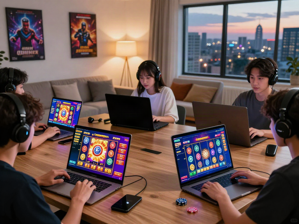 Players enjoying slot dana games on multiple devices in a cozy gaming environment