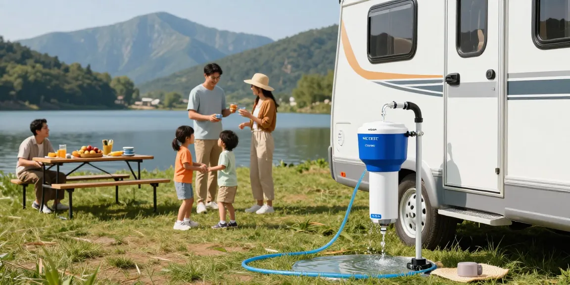 AQUA CREST X-Large RV Water Filter enhancing family camping experience with clean drinking water at a scenic campsite.