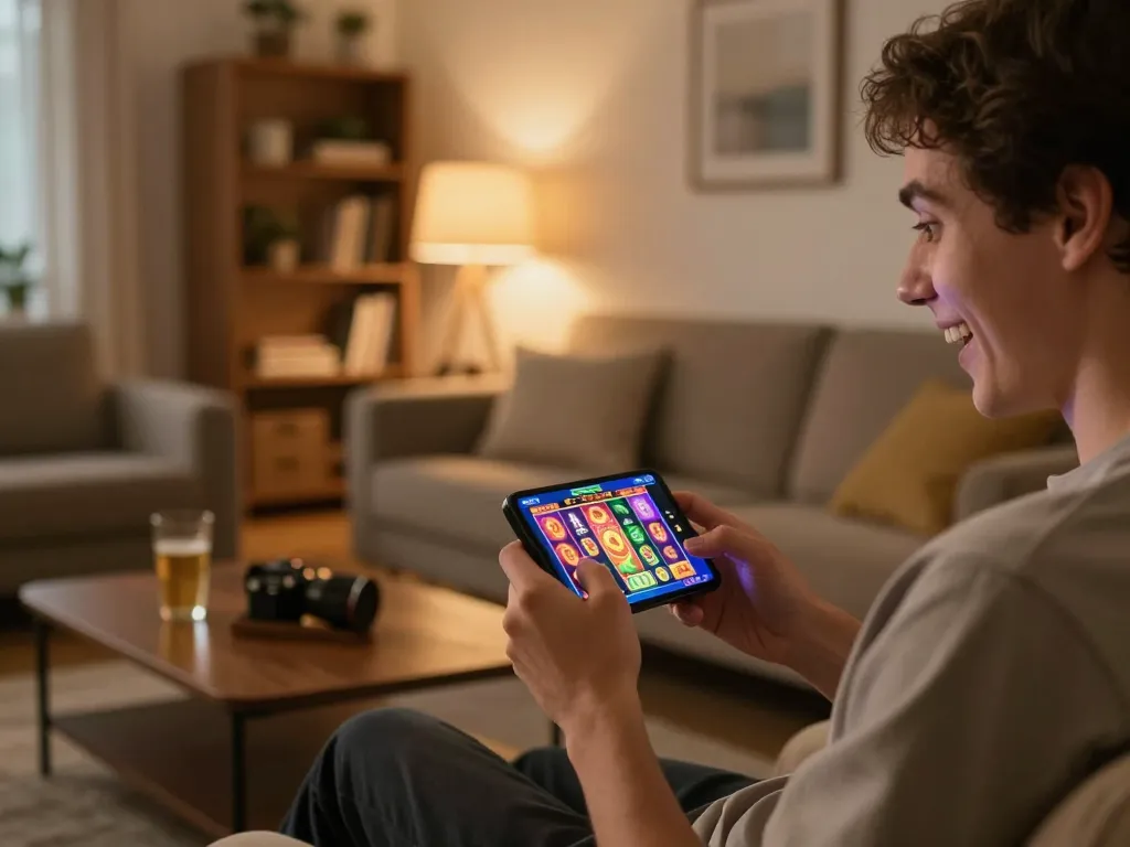 Berkeliling dengan slot mobile ondel4d selama sesi permainan di rumah yang nyaman, smartphone menampilkan grafik permainan yang hidup.