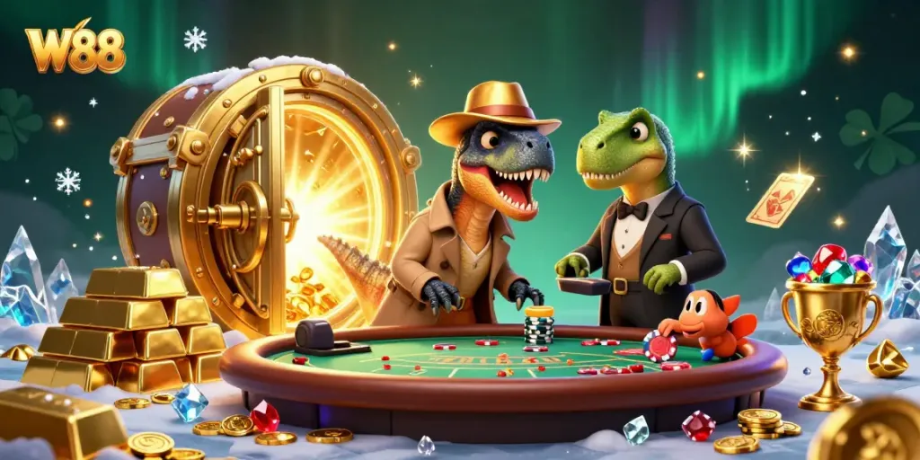 W88 velociraptor card counter tries to win big at blackjack amidst gold treasures and casino excitement.