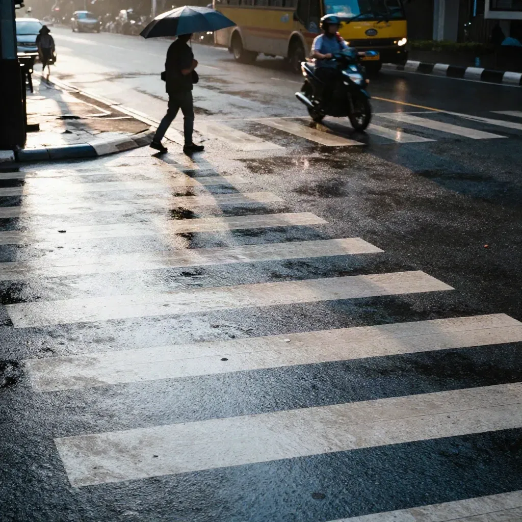 Pejalan kaki menyeberang di Jakarta seusai hujan, motor melintas, jalan basah berkilau.