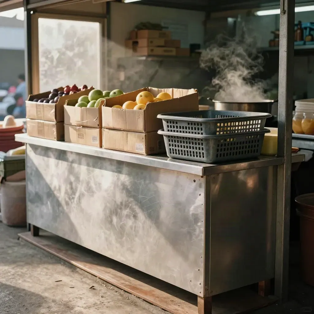 Warung UMKM pagi dengan etalase stainless, kotak buah, dan kios baru dibuka.