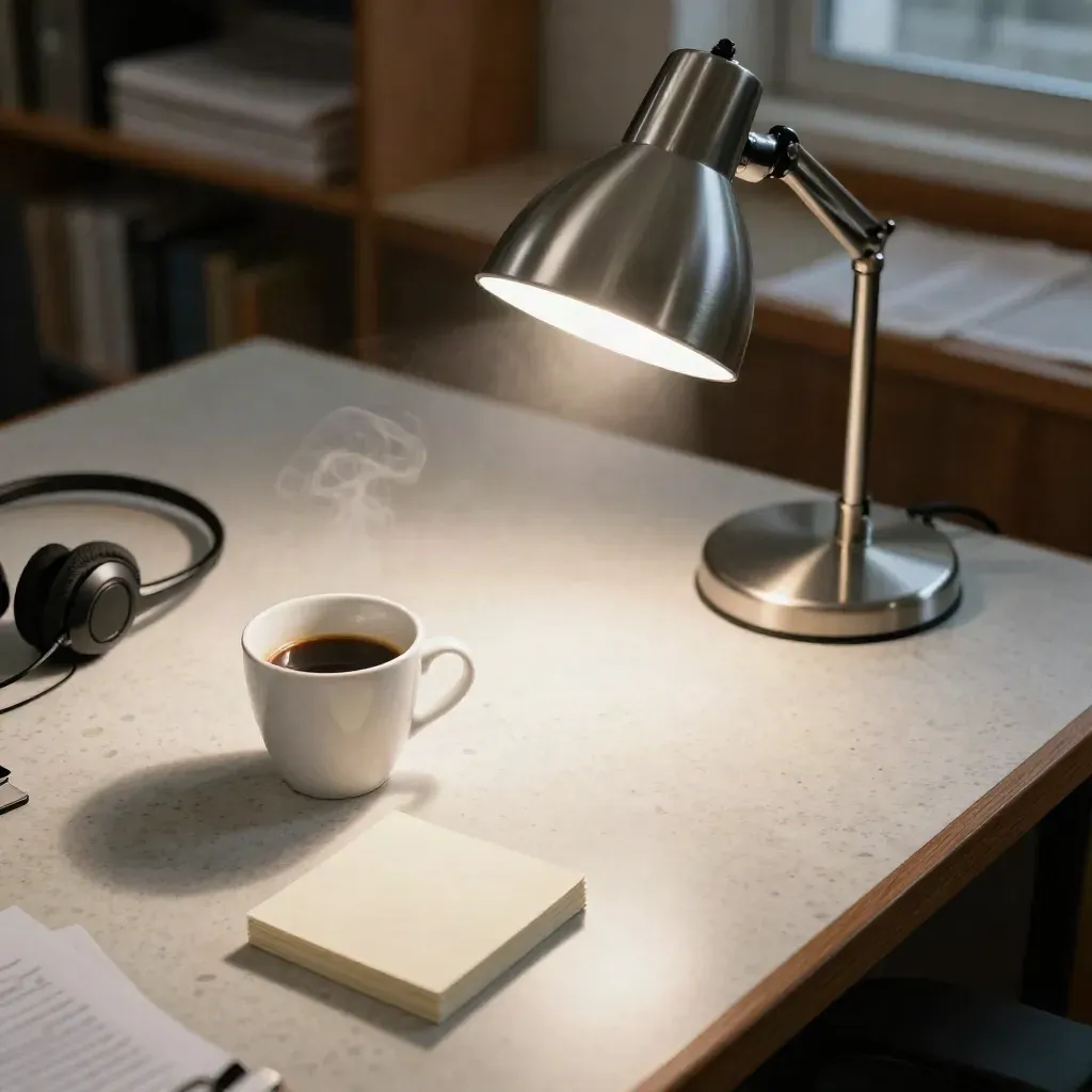 Meja redaksi dengan lampu, kopi, headset terlipat, dan kartu catatan di atas travertin.