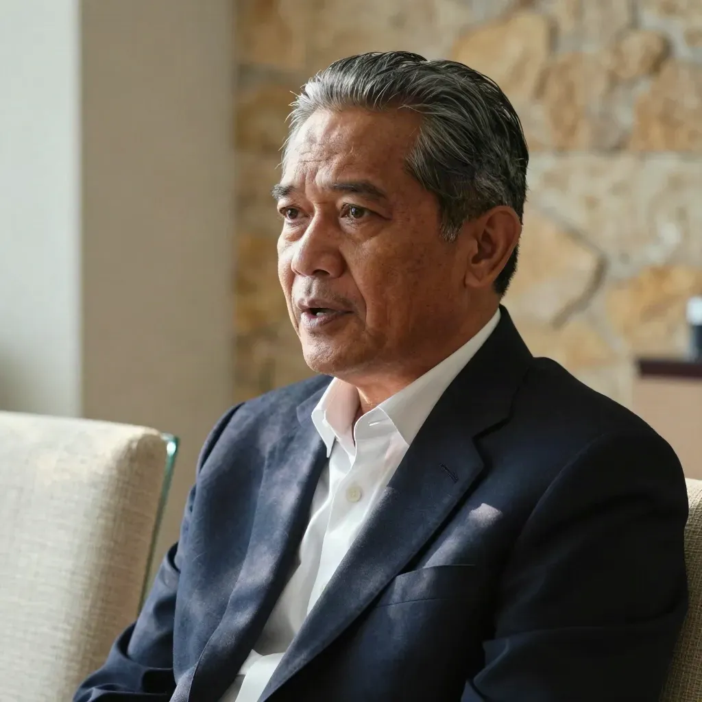 Potret tiga perempat tokoh Indonesia mendengar pertanyaan di ruang wawancara yang tenang.