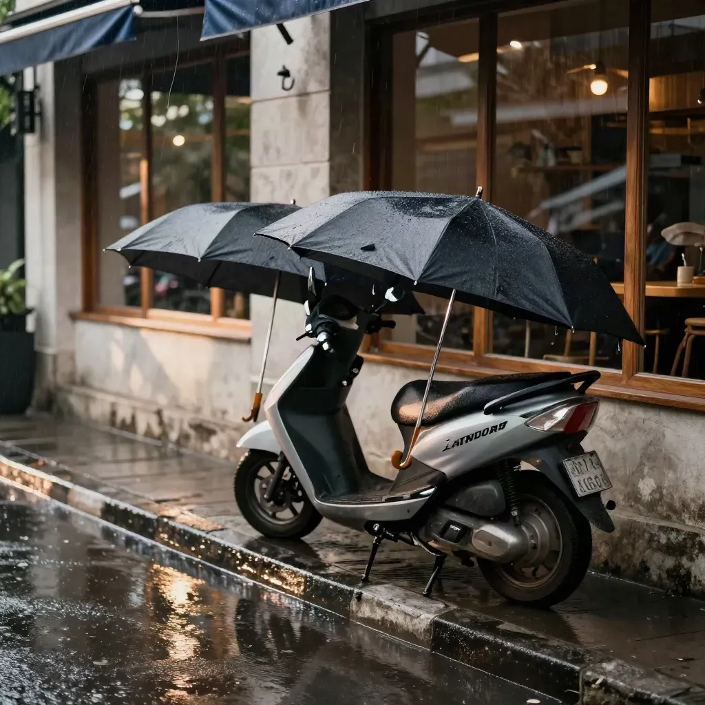 Payung tertutup, motor parkir, dan fasad kafe Bandung setelah hujan