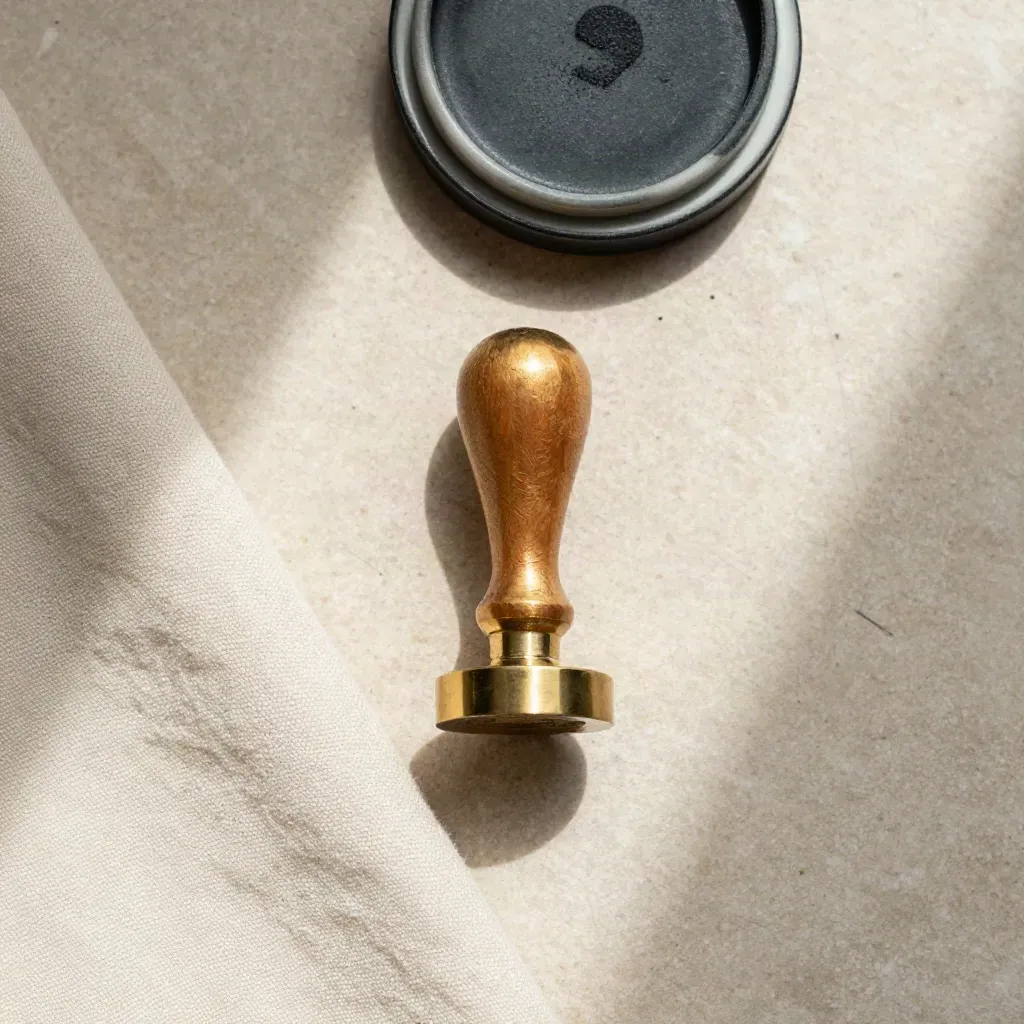 Flatlay stempel brass, kain krem, dan piring keramik di atas batu pucat.