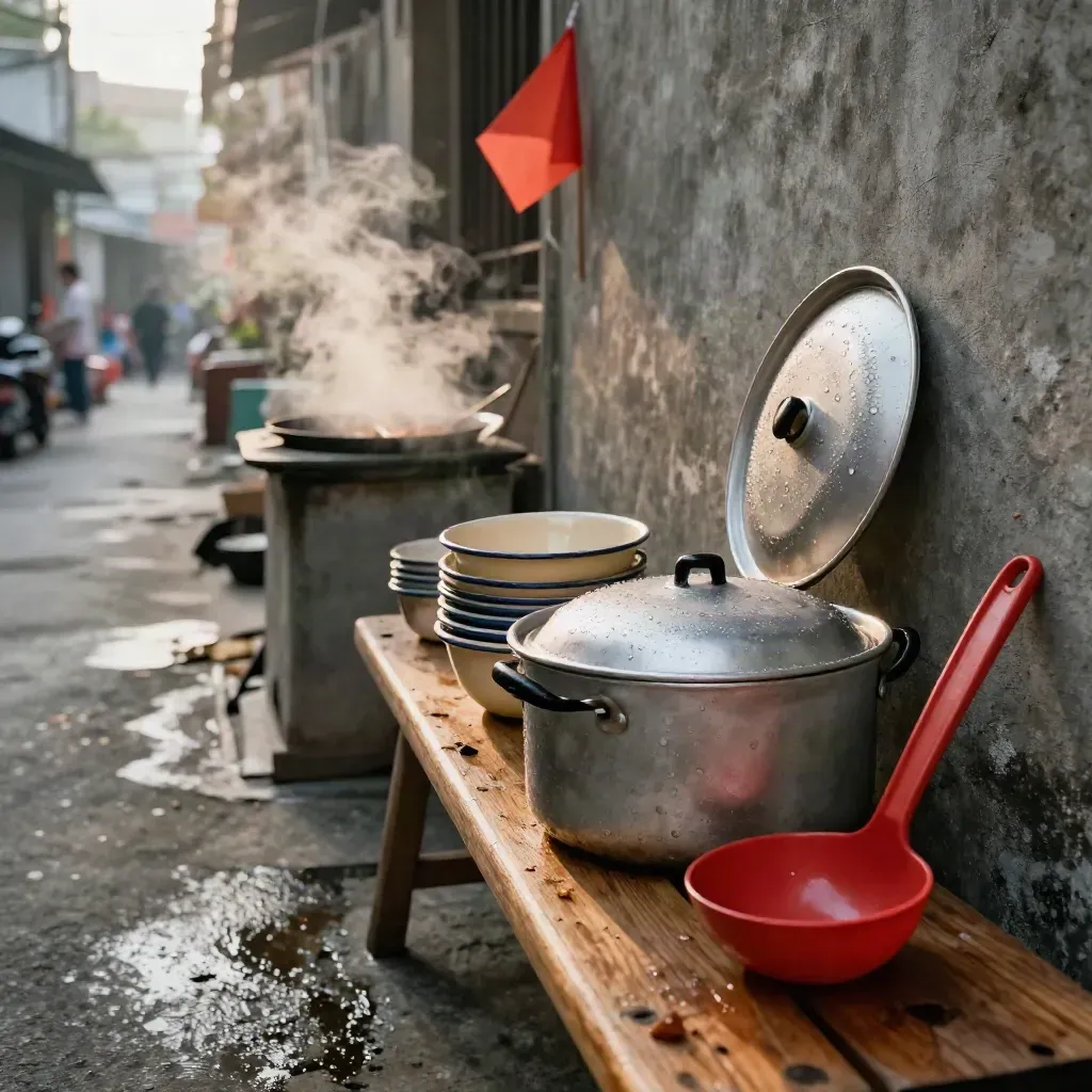 Lorong kampung dengan uap masakan, bangku bersama, dan detail dapur kecil di dinding beton.