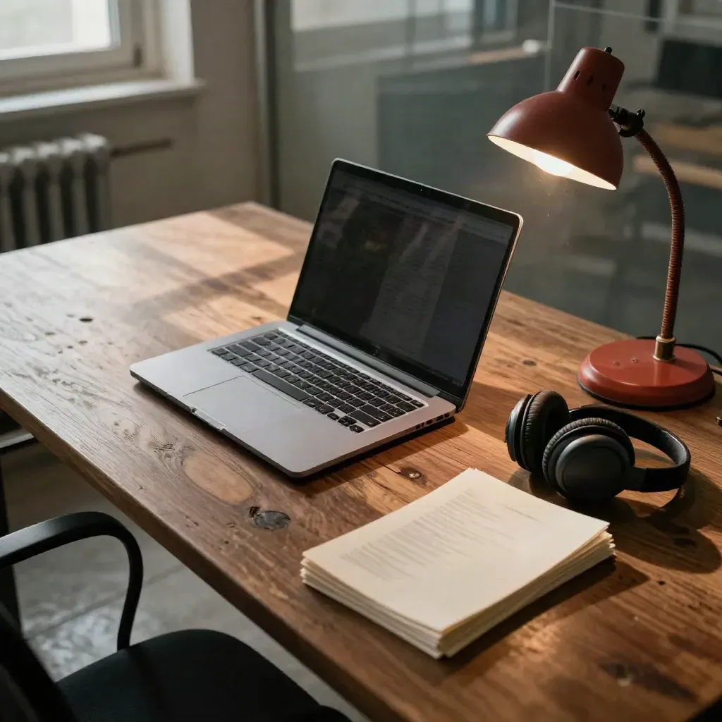 Meja redaksi sepi dengan laptop tertutup, lampu merah redup, headset, dan kartu catatan.
