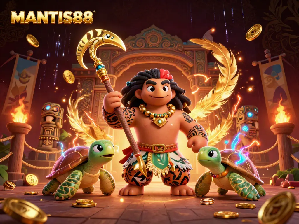 MANTIS88 showcases a vibrant illustration capturing a hawk demigod, a turtle sidekick, and tiki statues in a dynamic casino scene.