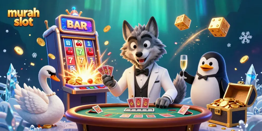 Menangkan permainan murah slot dengan karakter kartun dan mesin slot megah dalam ilustrasi 3D