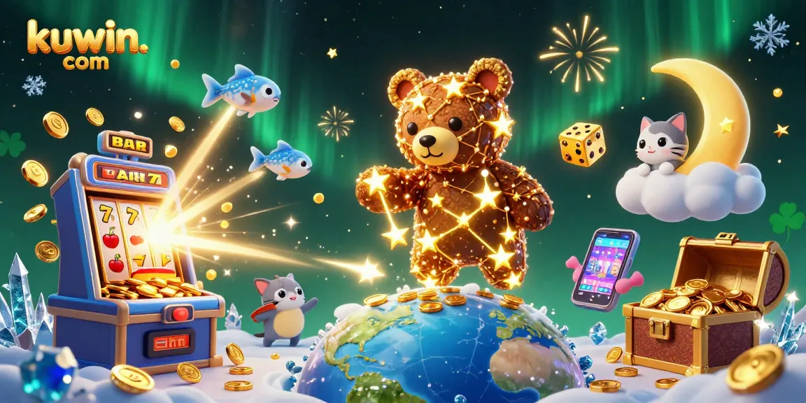 Win big with kuwin. com as a golden constellation bear scoops coins, surrounded by slot machine bursts.