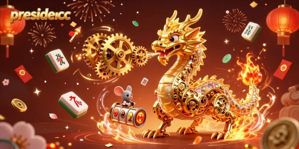 Engage in thrilling action at presidencc with a golden dragon, fireworks, and casino elements.