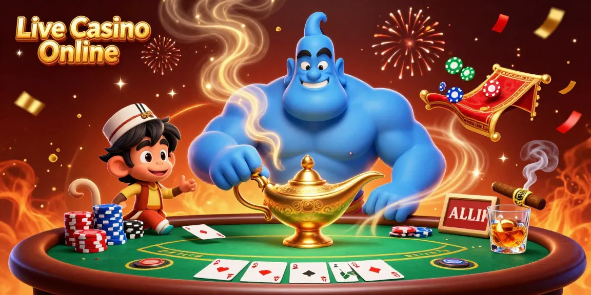 Experience the thrill of Live Casino Online with vibrant characters, poker action, and dynamic casino elements.