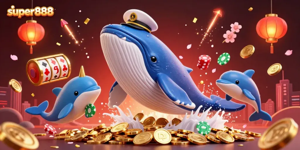 Menangkan keberuntungan bermain di Super888 dengan karakter kartun ikan paus dan pesona slot yang memukau.