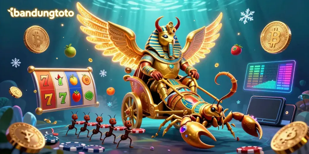 Experience thrilling games on bandungtoto with a dynamic scene of a golden scarab beetle amid vibrant slots and crypto elements.