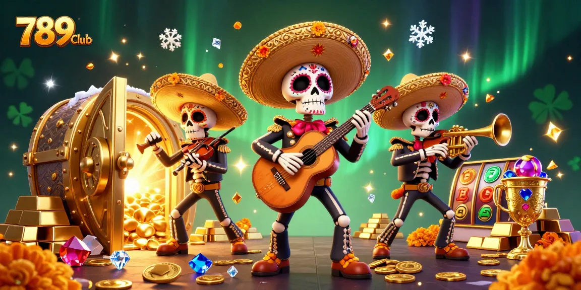 Experience thrilling jackpots at 789Club with vibrant mariachi celebrating around golden treasures.