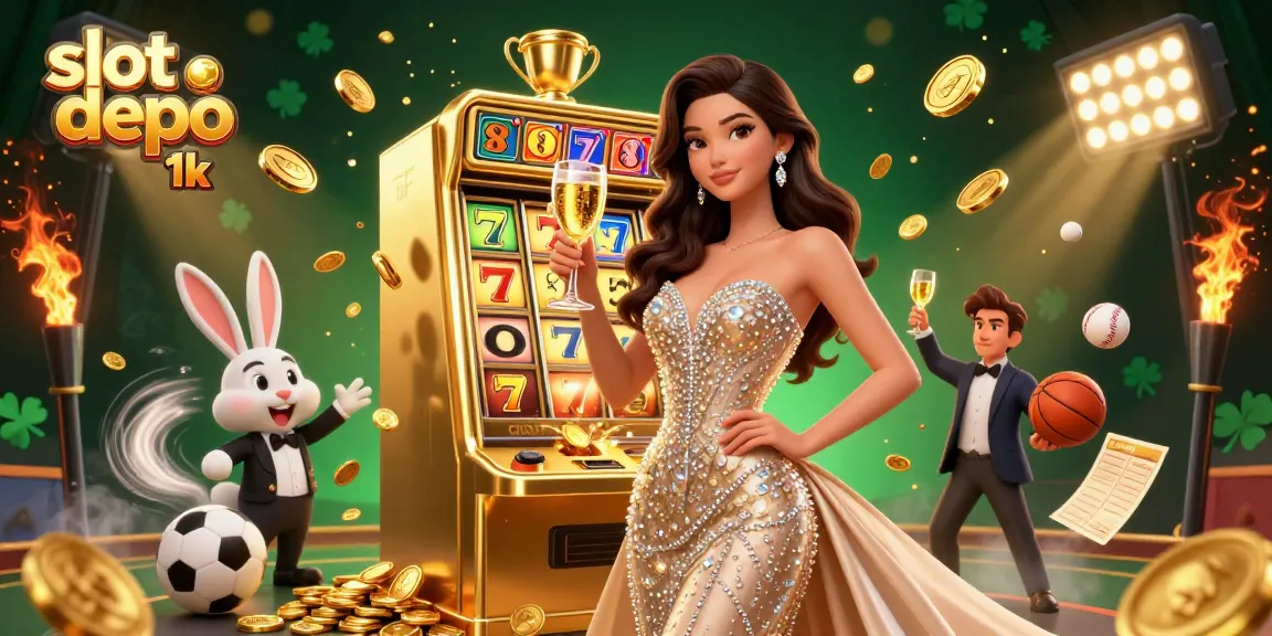 Enjoy the thrilling excitement of slot depo 1k with a glamorous casino scene featuring a jackpot slot machine and animated sports elements.