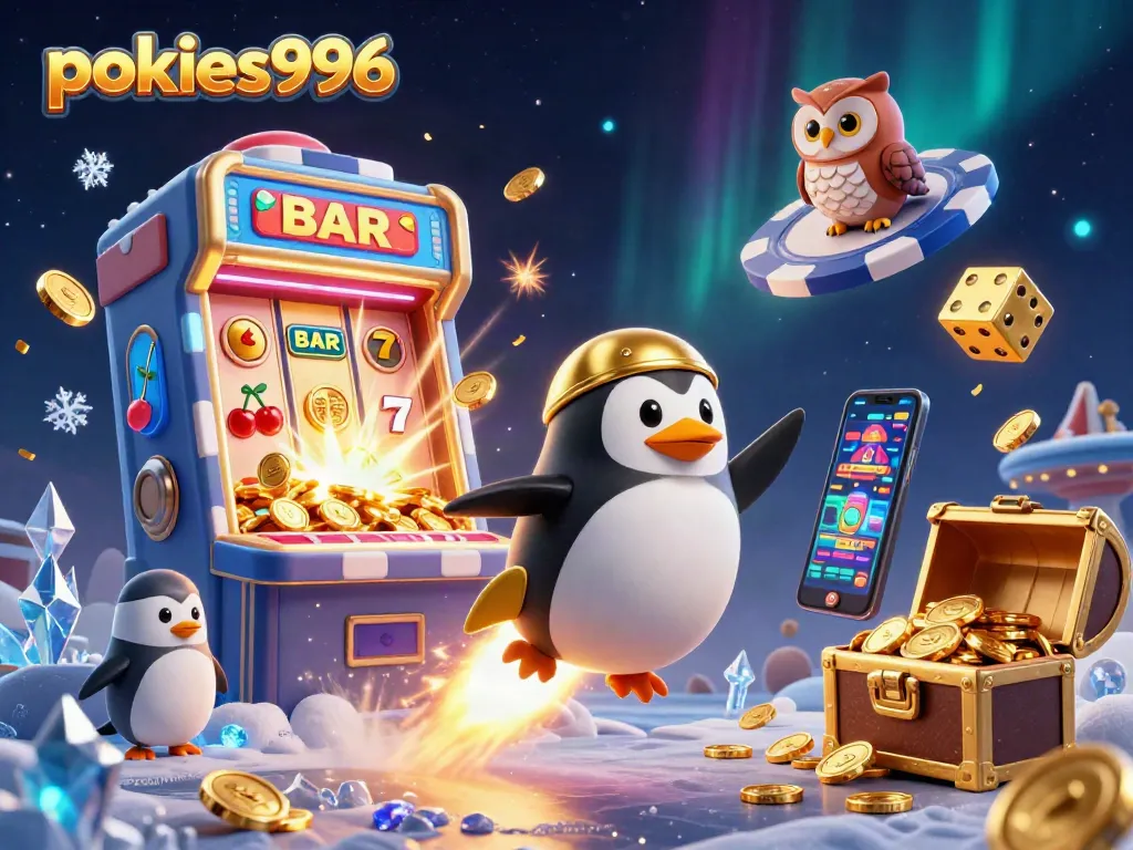 Play exciting pokies996 games with a golden penguin launching through a casino-themed space, surrounded by dynamic wins.