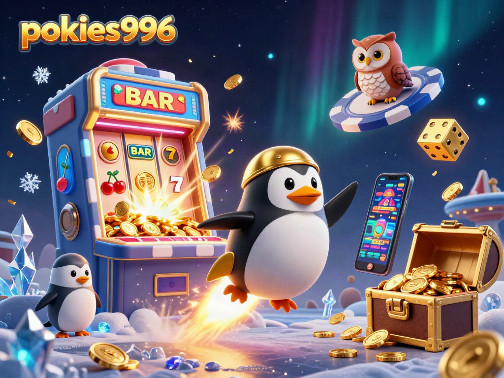 Play exciting pokies996 games with a golden penguin launching through a casino-themed space, surrounded by dynamic wins.