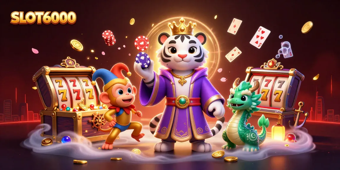 SLOT6000 showcases an enchanting scene with a white tiger and playful monkey amidst vibrant casino elements.