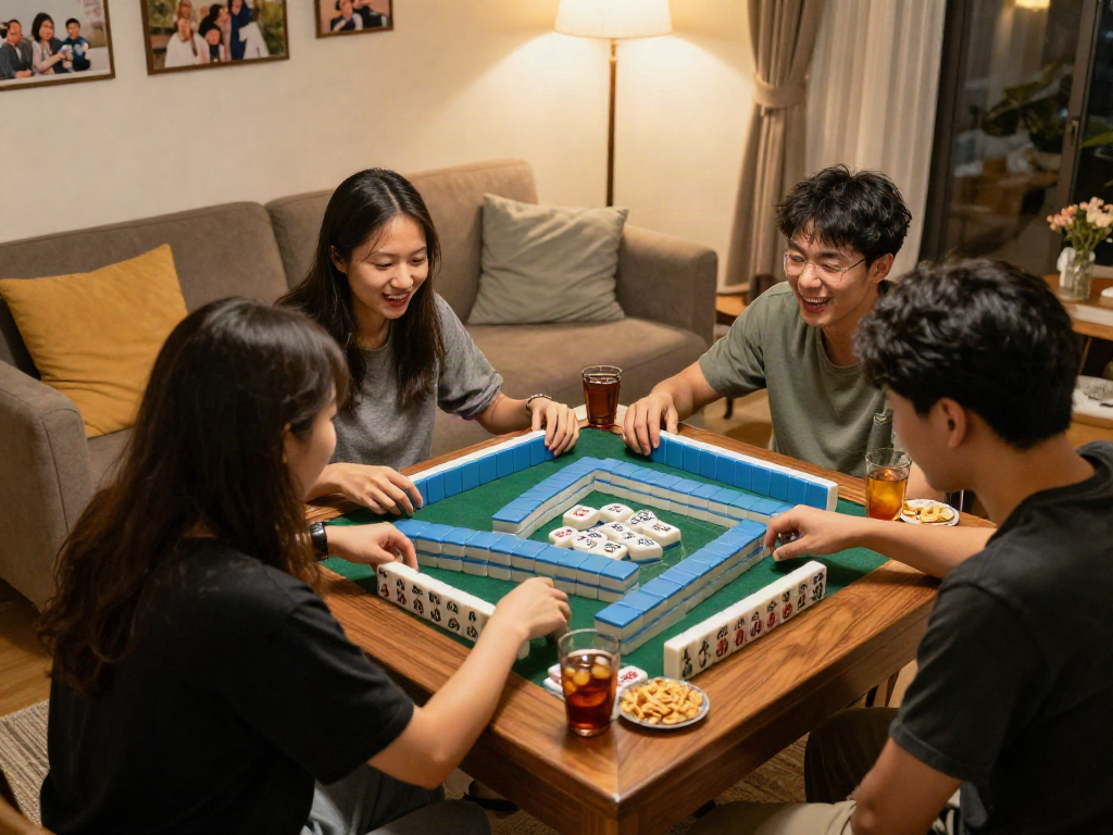 Friends playing MahjongJP88 in a cozy living room, vibrant tiles and snacks spark joy.