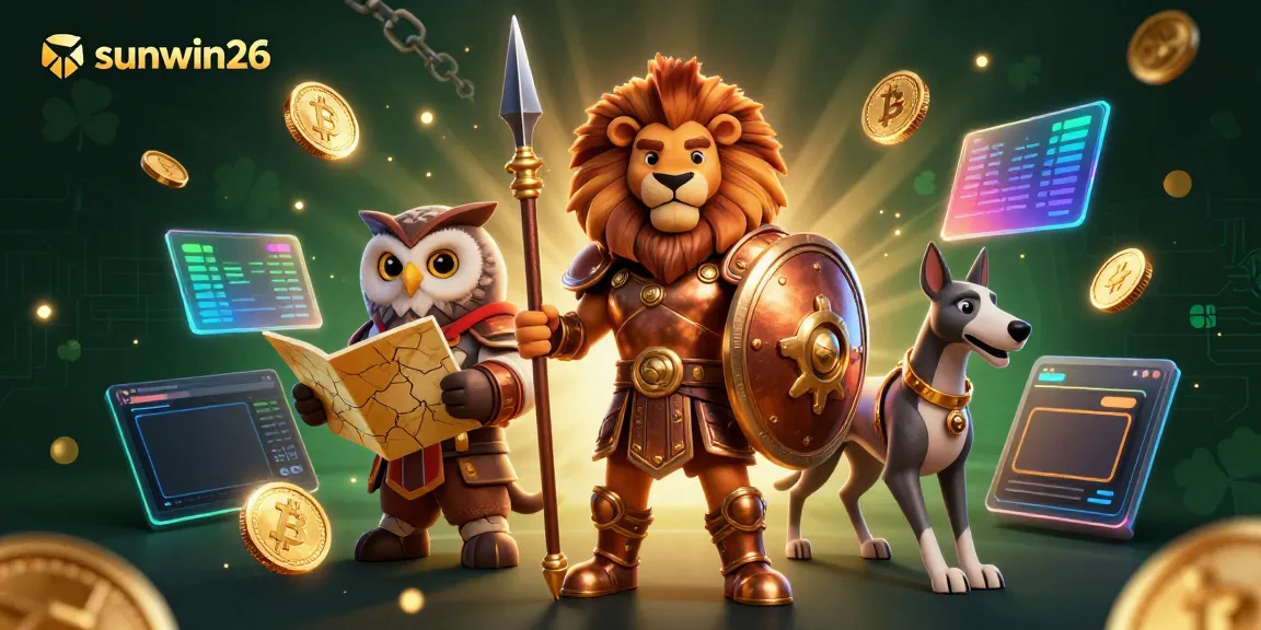 Engage with sunwin26's casino adventure amidst 3D characters and vibrant game symbols.
