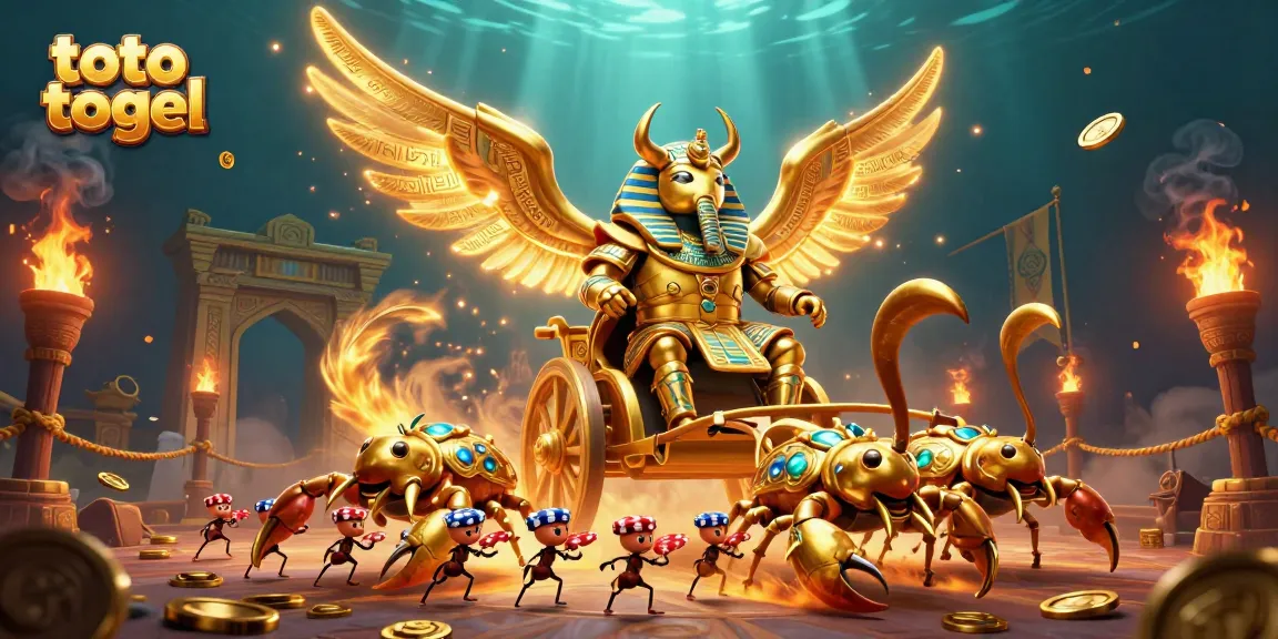 Gambarkan Toto Togel dengan skarab emas dan arena pertarungan yang kaya elemen visual.