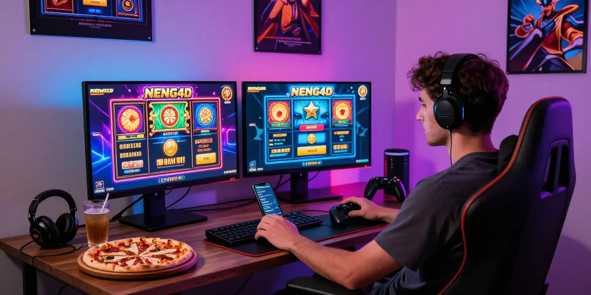 Gamer asyik bermain di NENG4D dengan monitor yang menyala dan suasana ruang bermain yang dinamis.